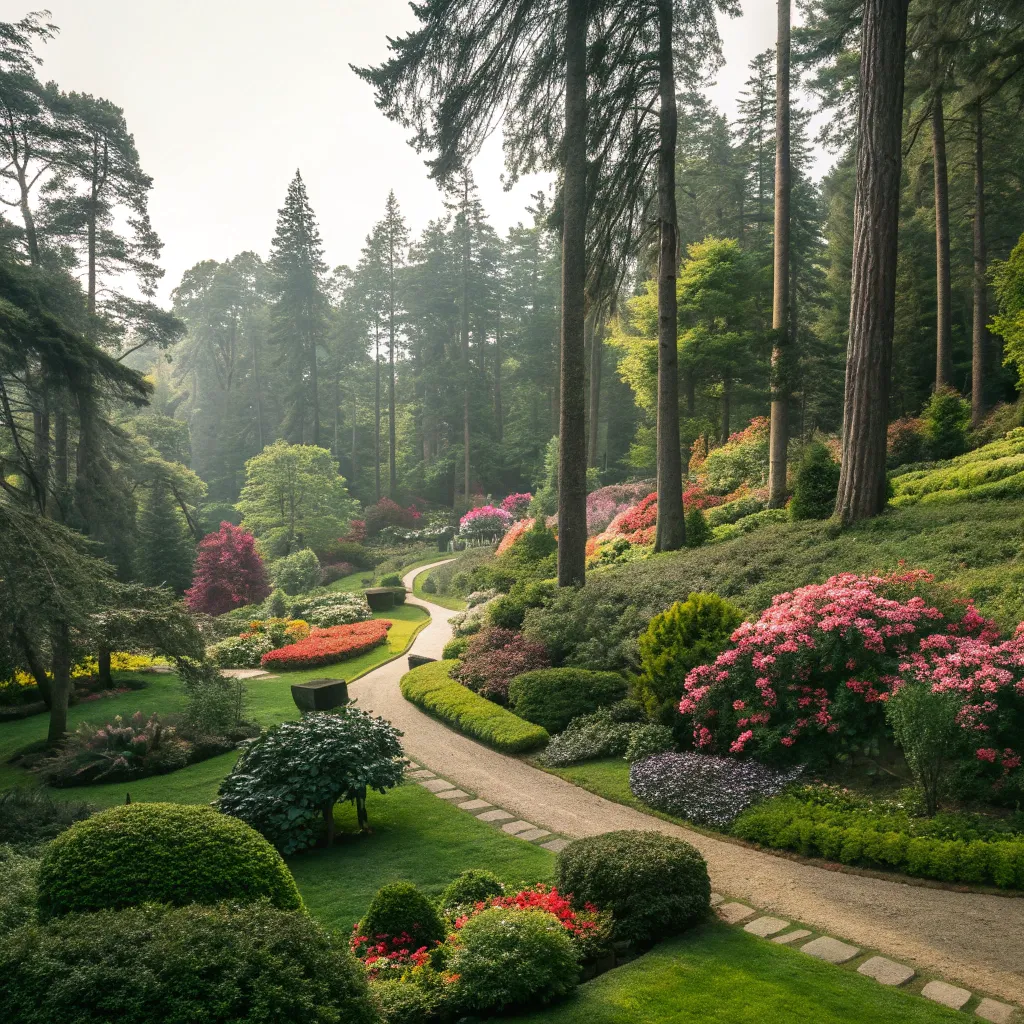 Lush public garden enclosed by trees